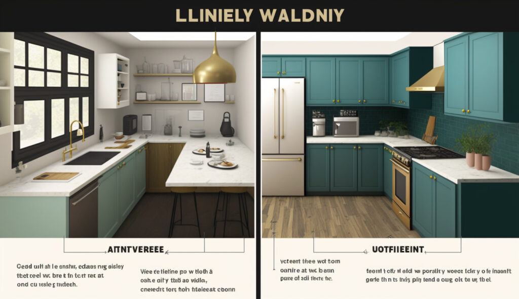 Un'immagine che illustra una disposizione a isola di una cucina, fornendo ai lettori un confronto visivo con la cucina a forma di L e dimostrando le caratteristiche uniche dello stile a isola