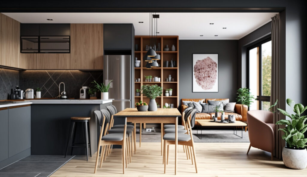Un'immagine che mostra la transizione senza soluzione di continuità tra la cucina a forma di L e una zona pranzo elegante in uno spazio living open space, enfatizzando l'integrazione dei due spazi