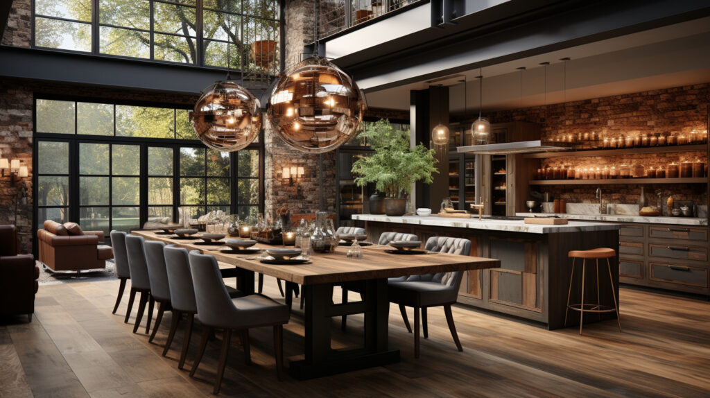Un design di cucina industriale chic con pareti in mattoni a vista, accenti in legno, illuminazione vintage e una combinazione di texture metalliche e naturali