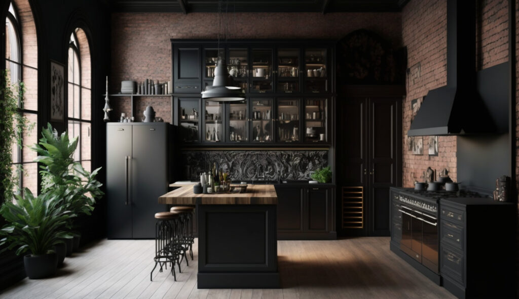 Một căn bếp màu đen thanh lịch công nghiệp với tường gạch trần, chi tiết kim loại và một đảo bếp đá màu đen