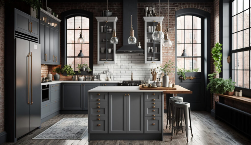 Una cucina bianca e grigia di eleganza industriale con mobili grigi, pareti in mattoni a vista e accenti metallici eleganti