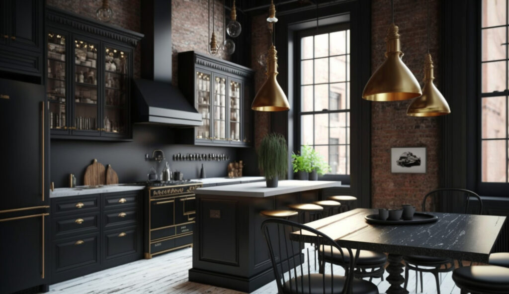 Una cucina nera dal glamour industriale con mobili neri, pareti in mattoni a vista e lampade a sospensione glamour, che unisce robustezza e lusso
