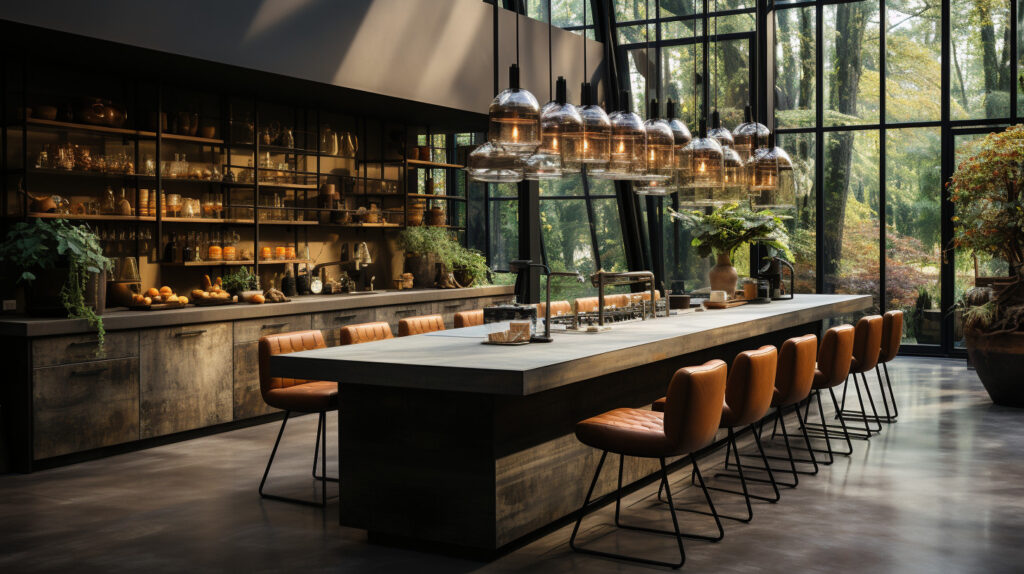 Một phòng bếp công nghiệp với bố trí hòn đảo rộng rãi có mặt bàn bê tông, đèn treo và ghế bar thoải mái