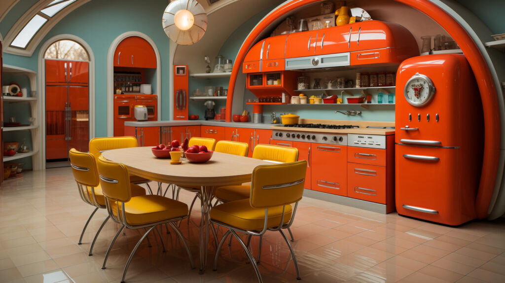 Một phòng bếp pha trộn công nghiệp và retro với thiết bị cổ điển, màu sắc táo bạo, trang trí lấy cảm hứng từ thời kỳ cũ và một bàn ăn gập phòng bếp thêm một yếu tố vui nhộn