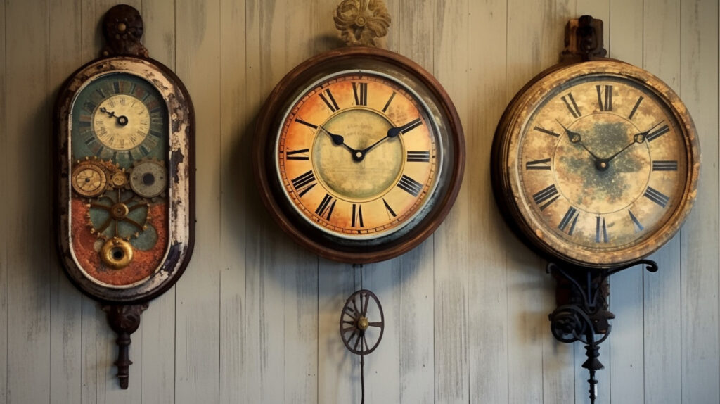 Antique kitchen clocks with a historical overlay 