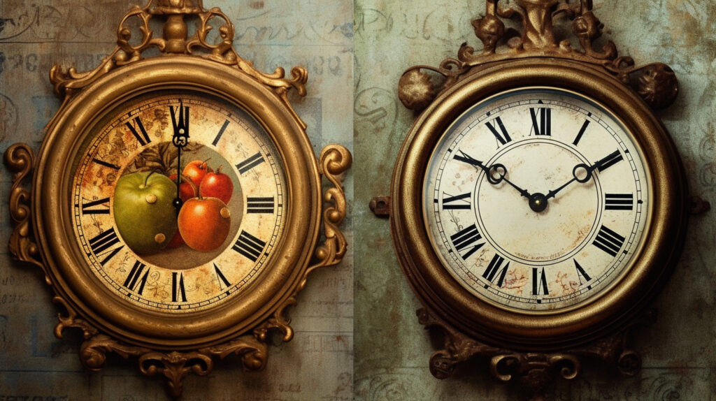 Antique kitchen clocks with a historical overlay 