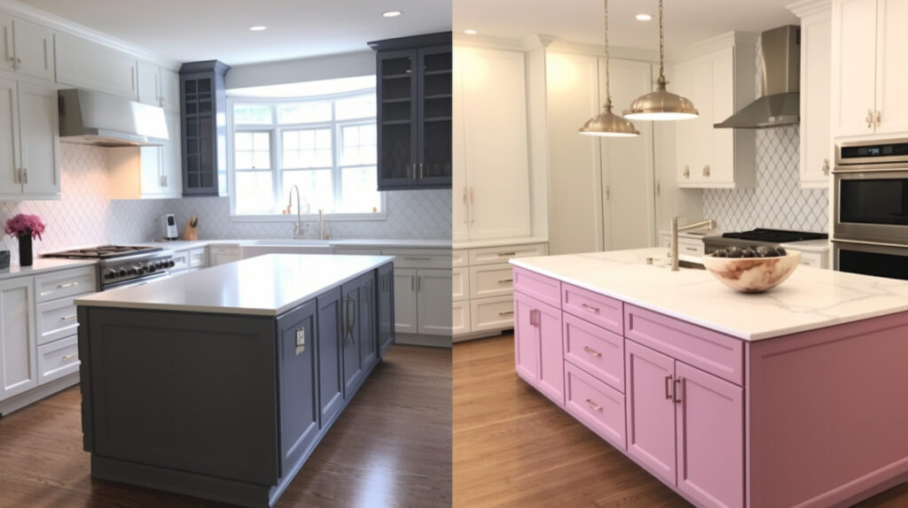 Before-and-after images of a classic purple kitchen makeover