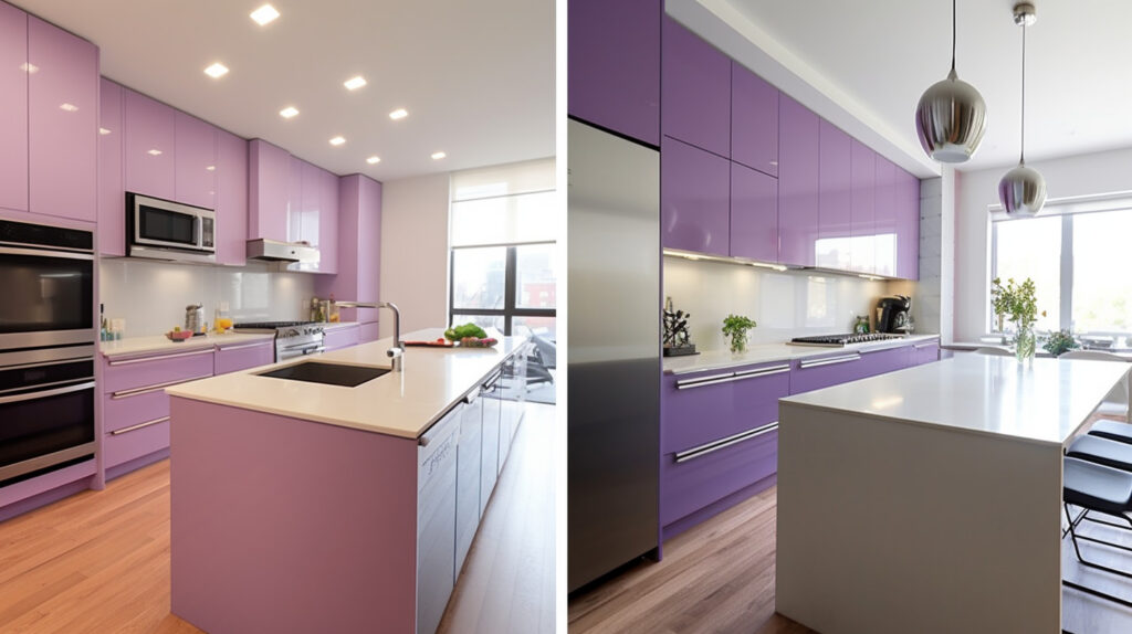 Before-and-after images of a modern purple kitchen transformation