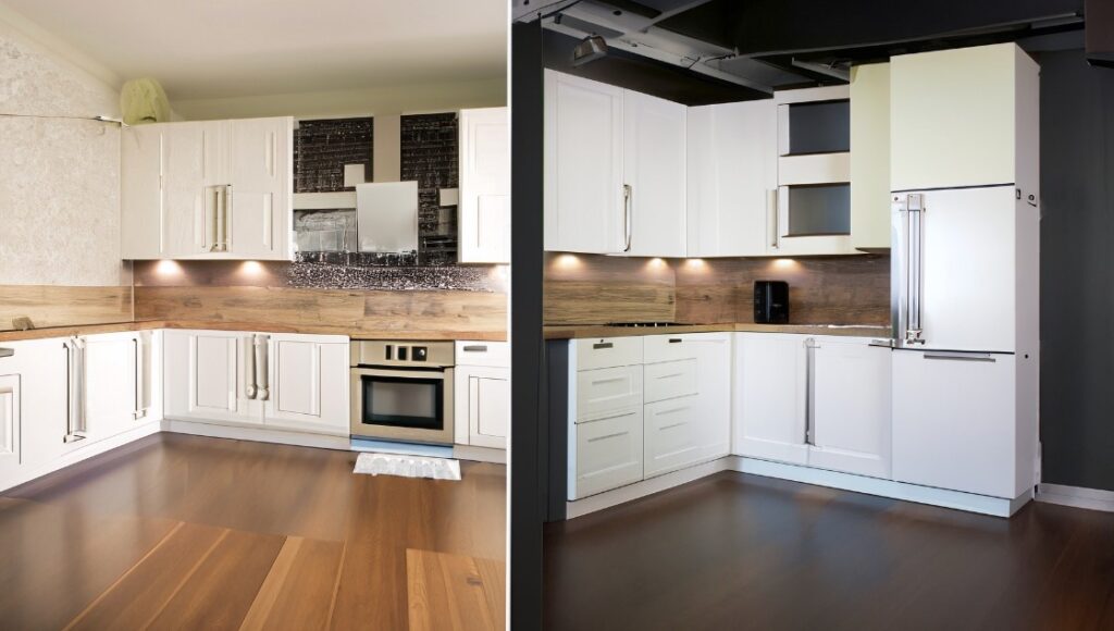 Before and after images showing the improvement of a kitchen's look