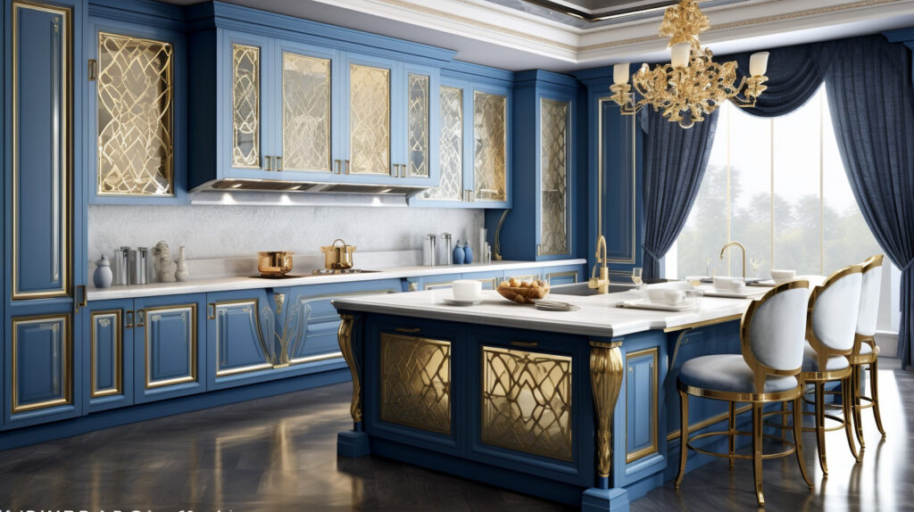 Blue and gold kitchen design