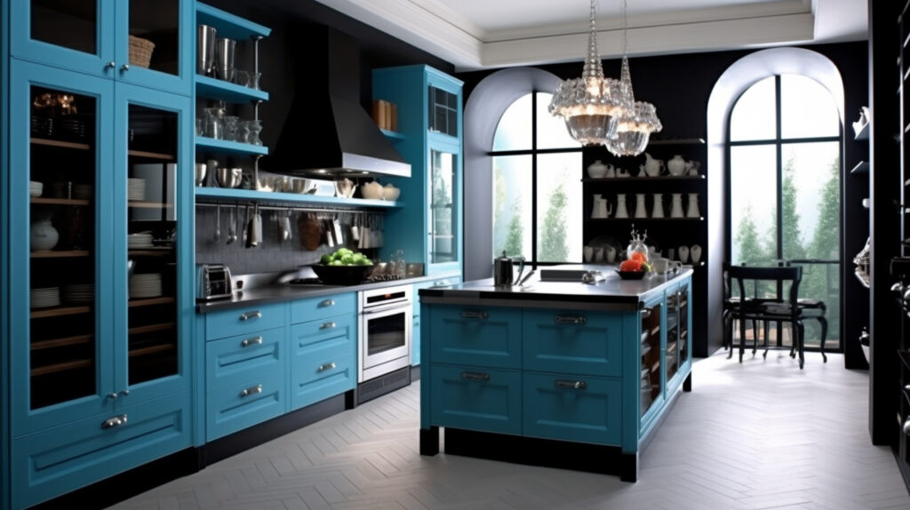 Blue kitchen design with black and white elements