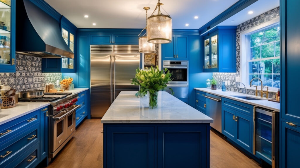 Blue kitchen design with blue appliances