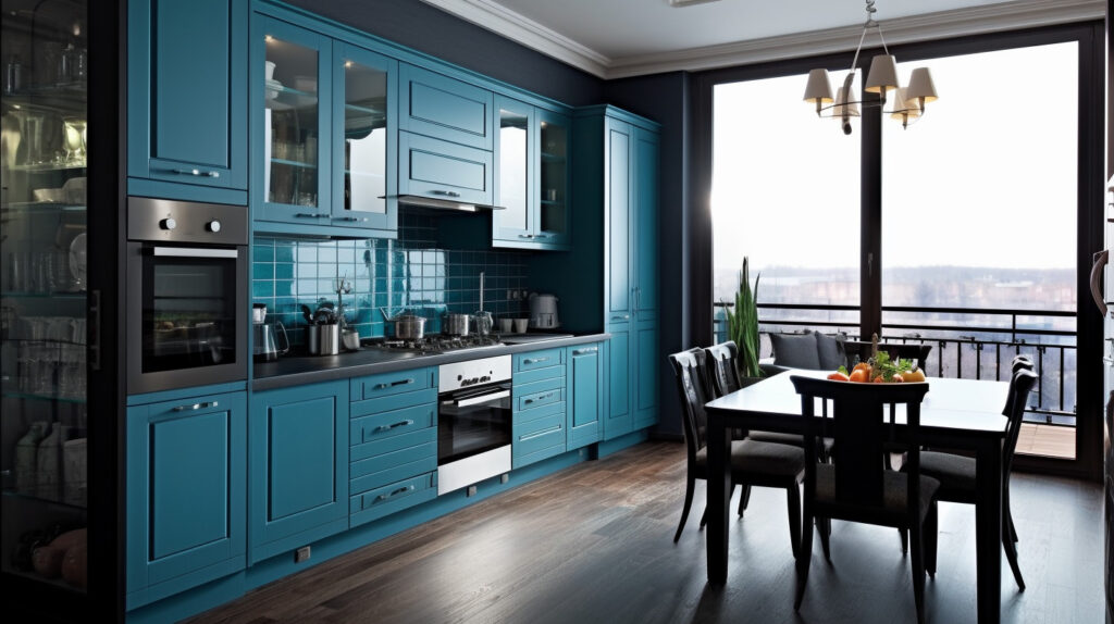 Blue kitchen design with blue cabinets