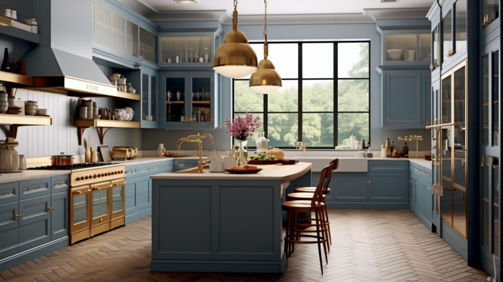 Blue kitchen design with blue cabinets