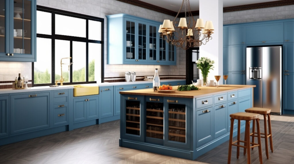 Blue kitchen design with blue kitchen island