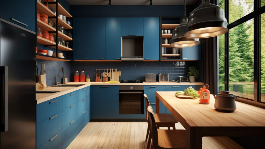 Blue kitchen design with blue walls