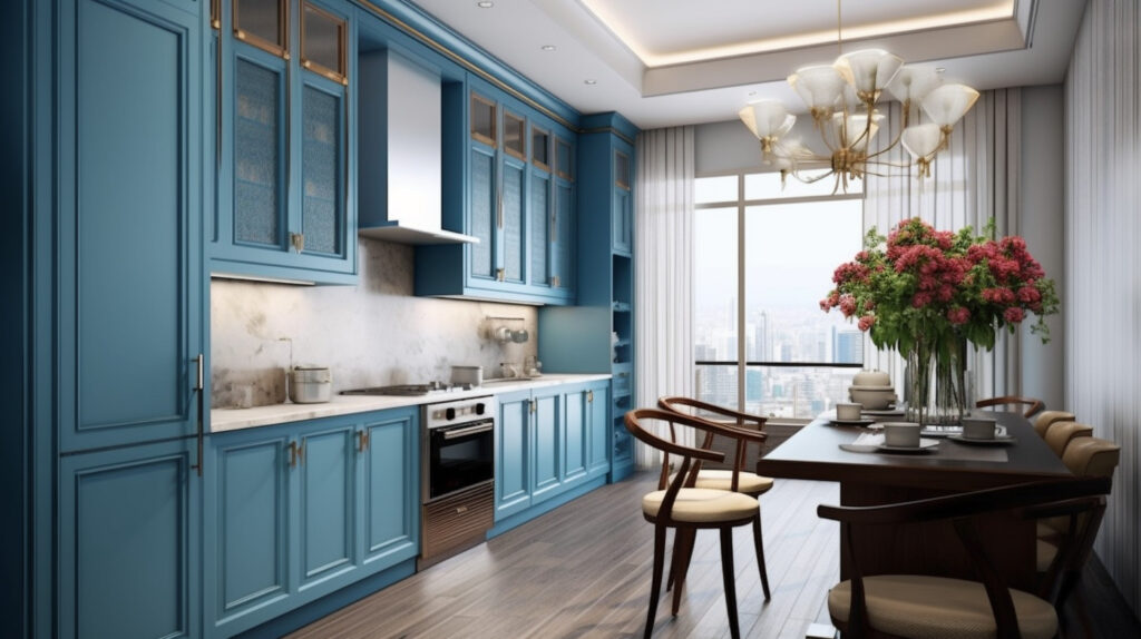 Blue kitchen design with marble 