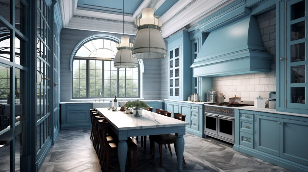 Blue kitchen design with marble 