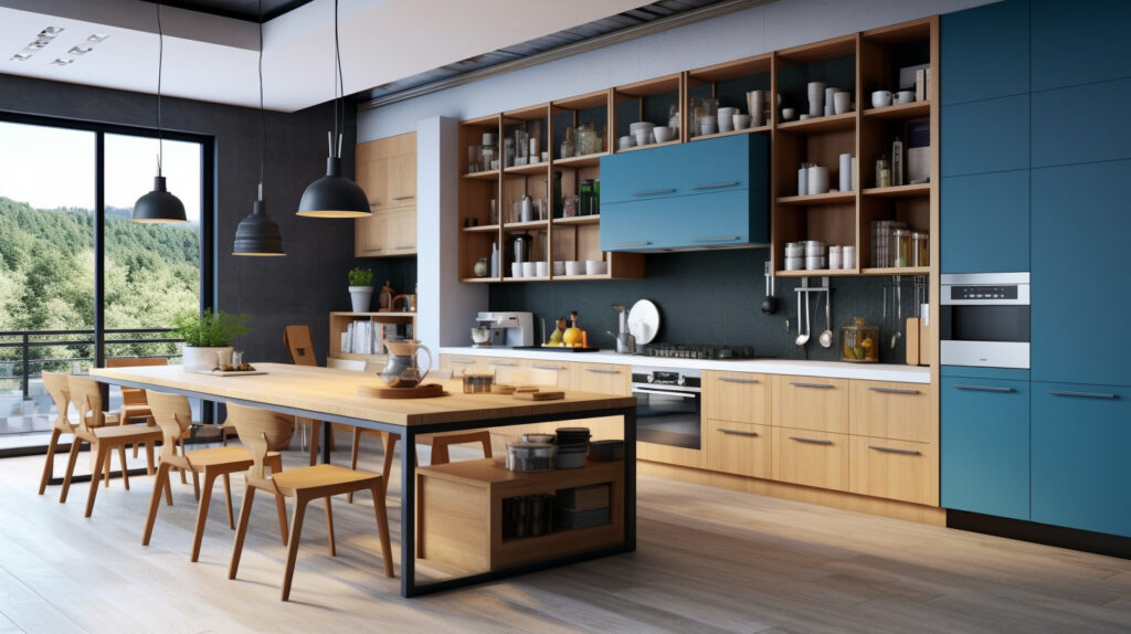 Blue kitchen design with wood tones