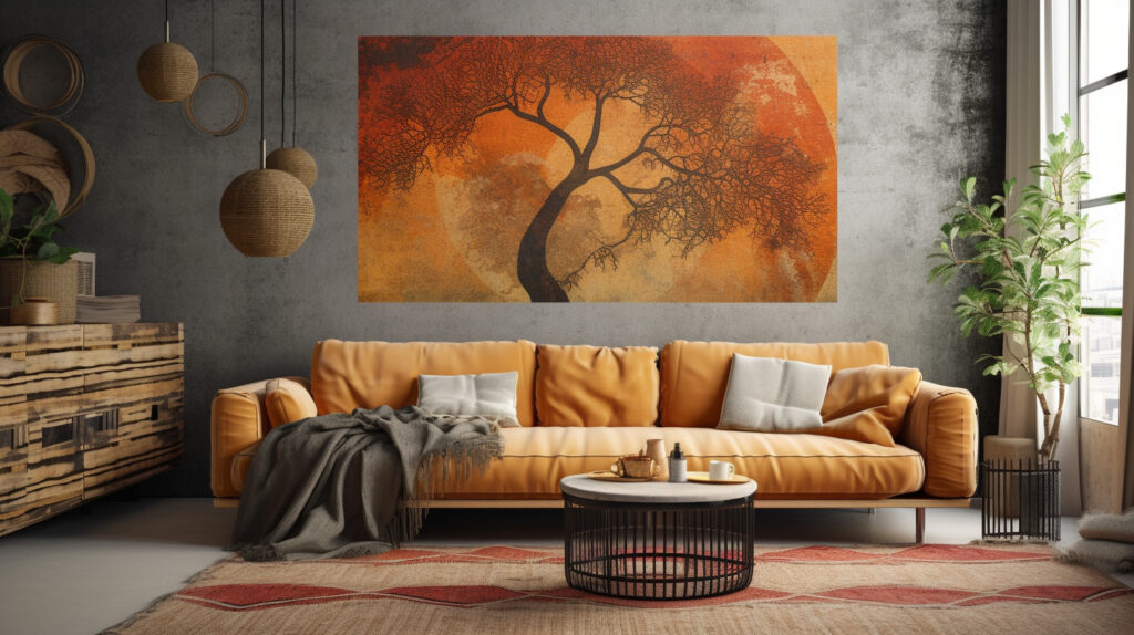 Bohemian living room with a large wall art 