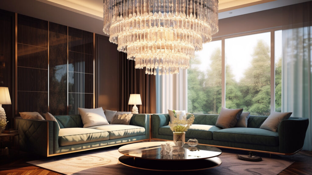 Cascading crystal living room chandelier adding a touch of luxury