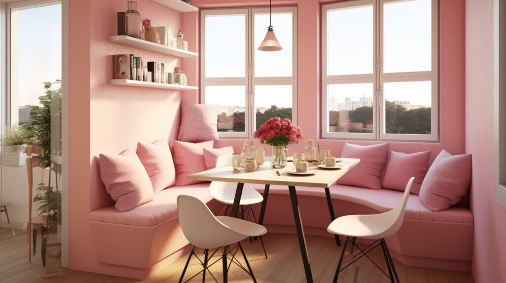 Charming pink kitchen nook with pink chairs and cushions