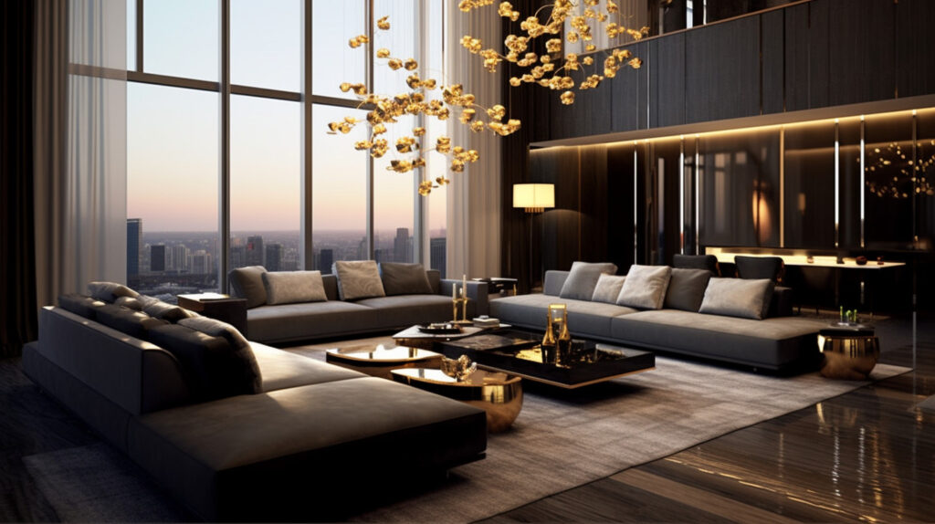 Chic contemporary living room chandelier in a modern setting 