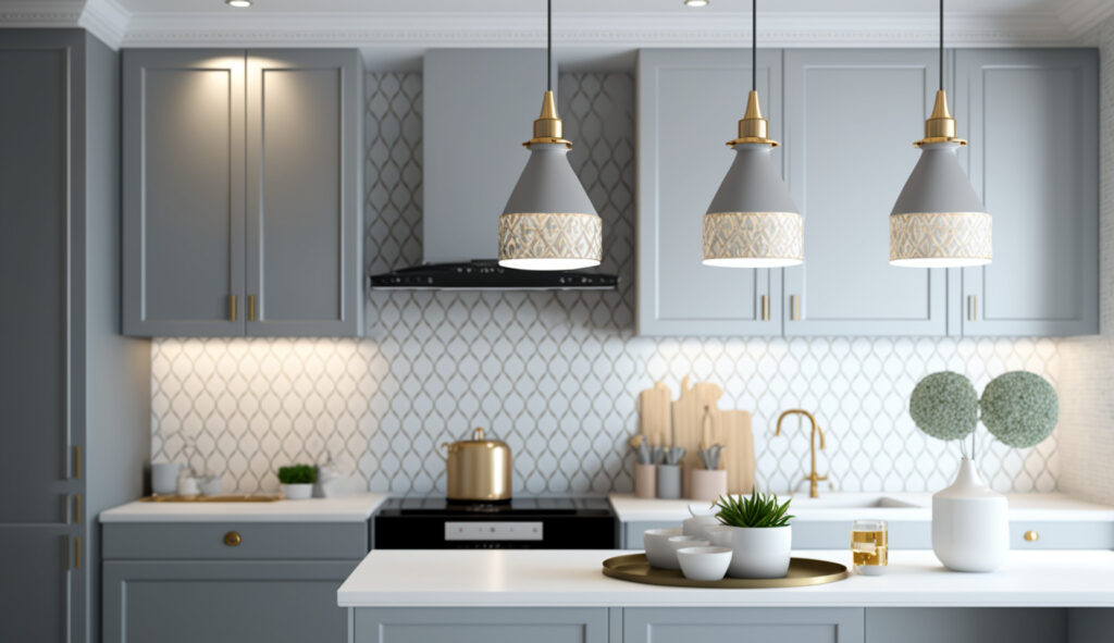 Lampade eleganti per una cucina bianca e grigia, tra cui lampade a sospensione, illuminazione a binario e illuminazione under-cabinet