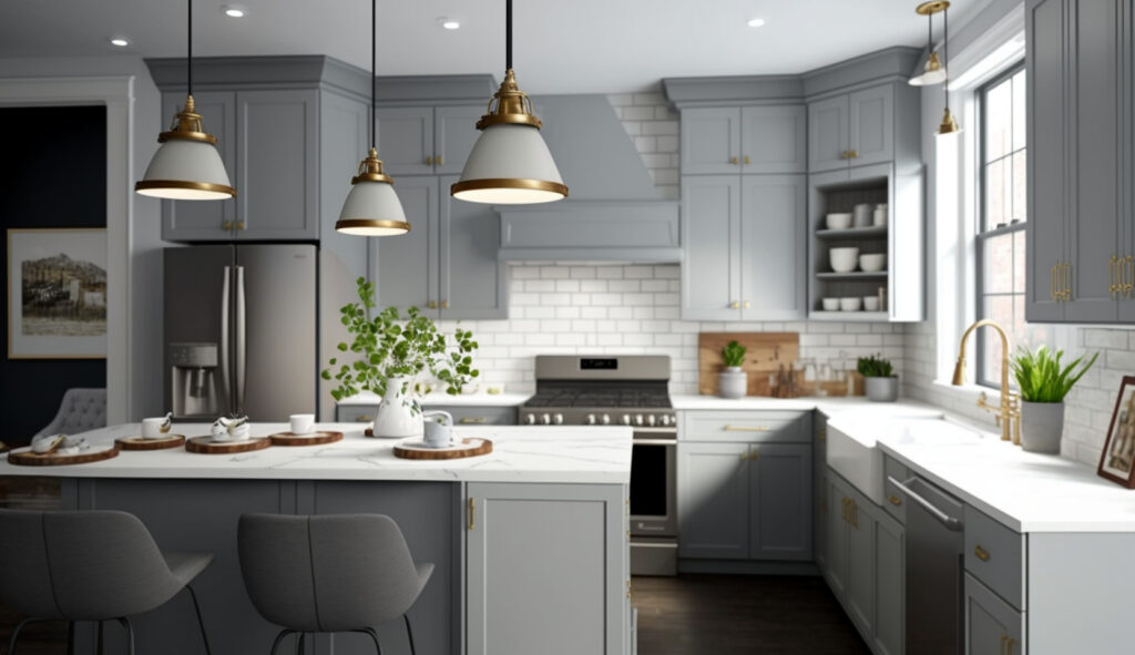 Thiết bị chiếu sáng sang trọng cho một ngôi nhà bếp màu trắng và xám, bao gồm đèn treo, đèn track và đèn chiếu sáng dưới tủ