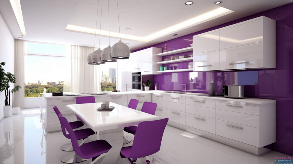 Clean, crisp, and chic purple and white kitchen for a unique and fresh design
