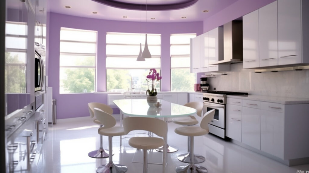 Clean, crisp, and chic purple and white kitchen for a unique and fresh design