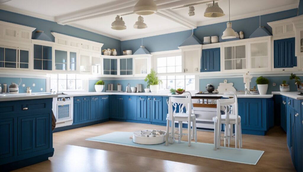 Coastal retreat kitchen with a soothing white and blue color scheme and nautical decor