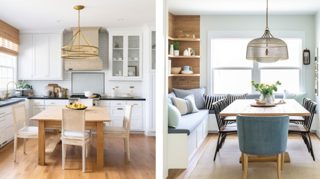 Collage of different styles of kitchen nooks 