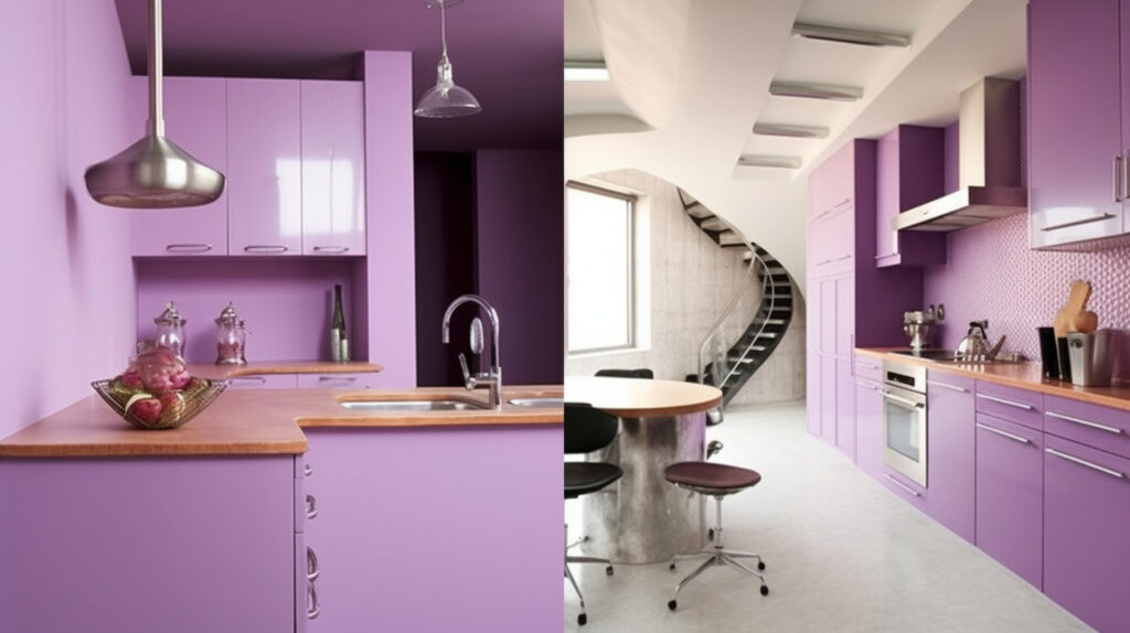 Collage of inspiring examples of purple kitchens from around the world