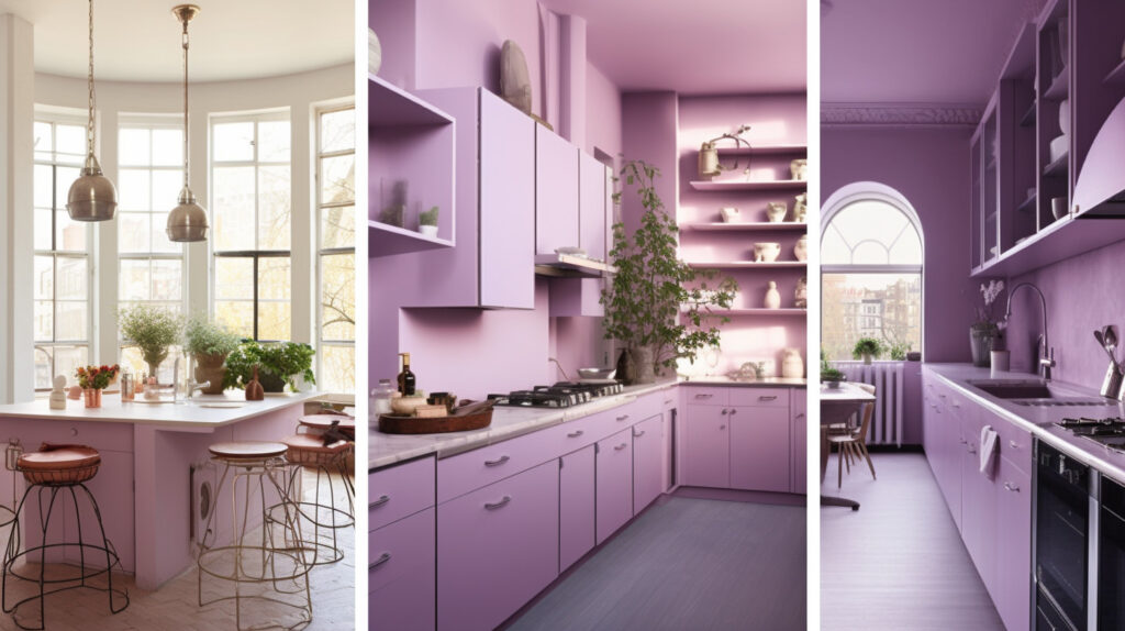 Collage of inspiring examples of purple kitchens from around the world