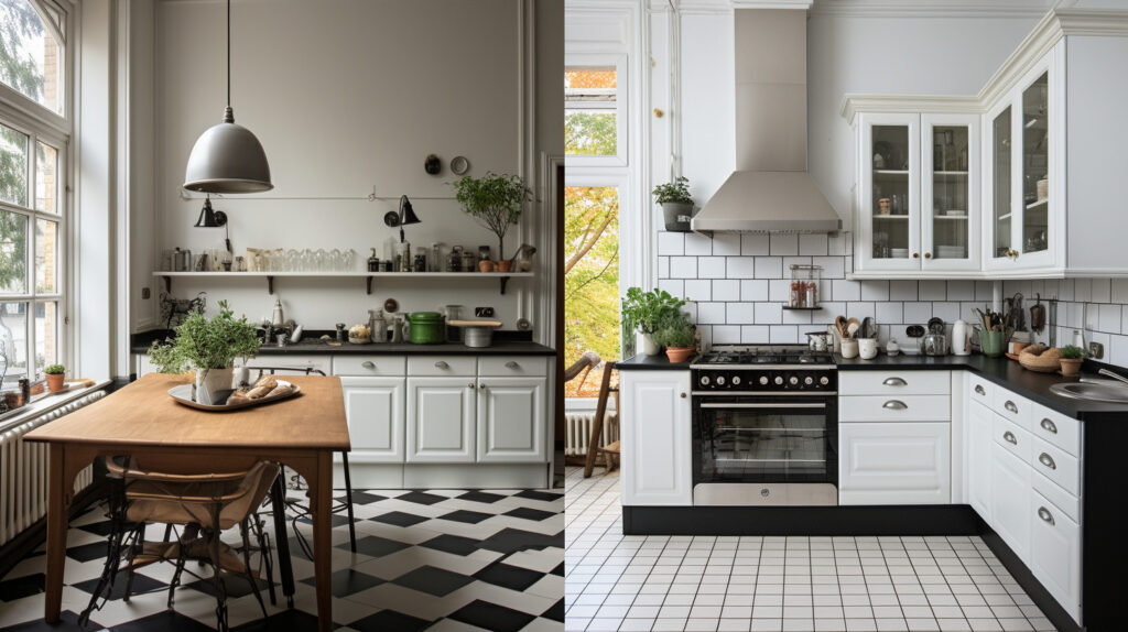 Collage di cucine in bianco e nero nella vita reale
