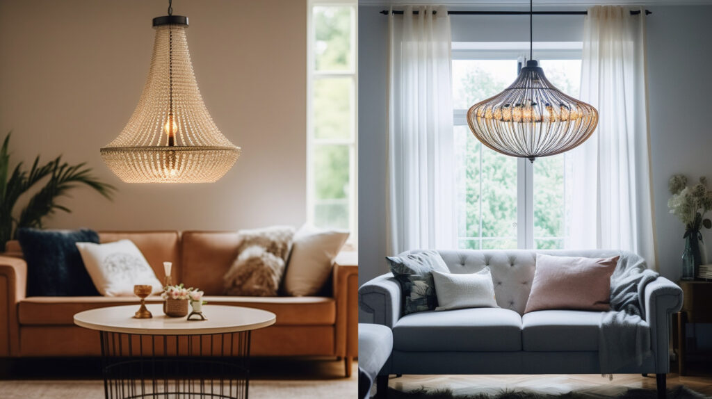 Comparison of a living room chandelier and a pendant light