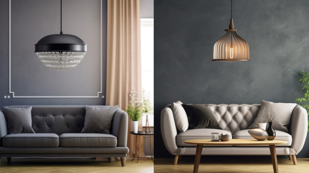 Comparison of a living room chandelier and a pendant light