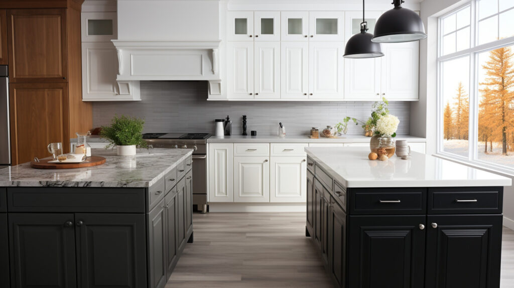 So sánh hai căn bếp đen và trắng hiển thị ưu thế màu sắc khác nhau