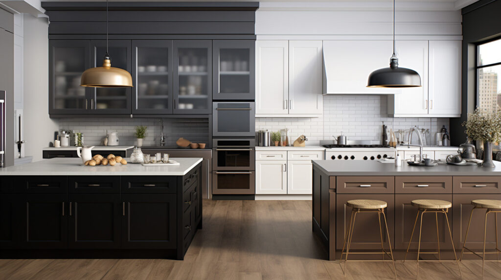 Confronto tra due cucine in bianco e nero che mostrano un diverso predominio del colore