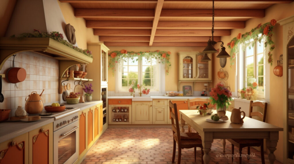 Country-style kitchen painted in warm colors