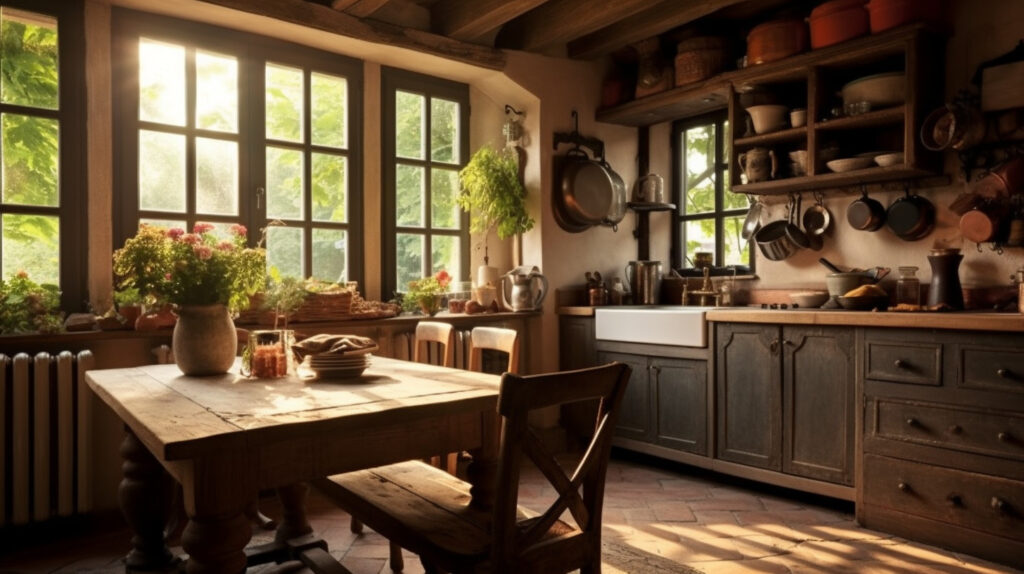 Cozy rustic kitchen with a wooden table