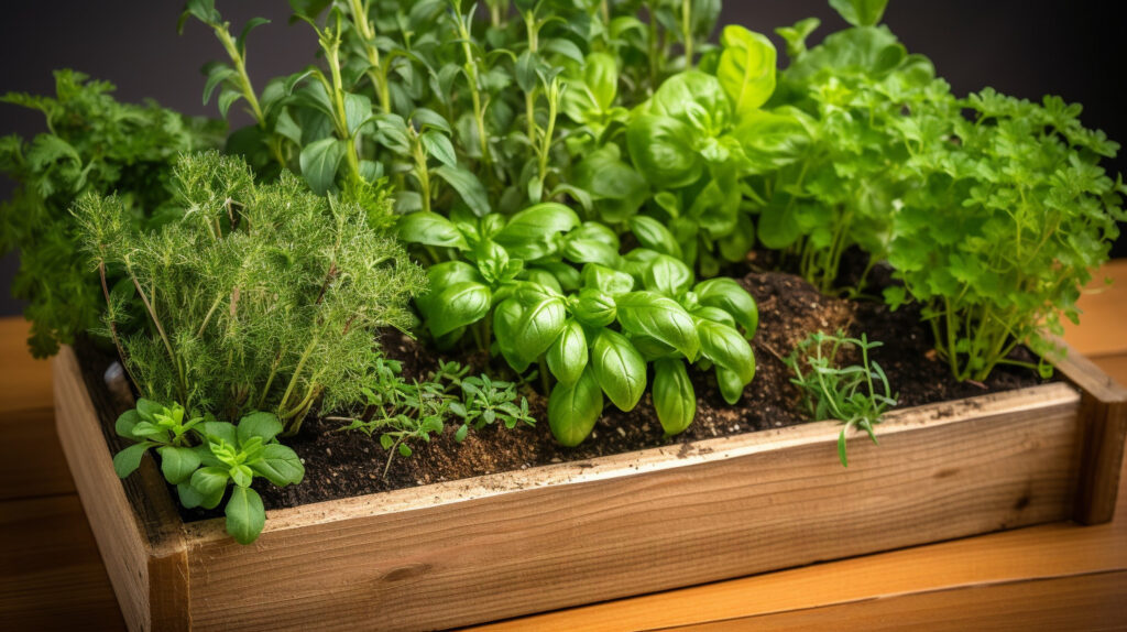 Create an image of a compact herb garden kit with various herbs growing