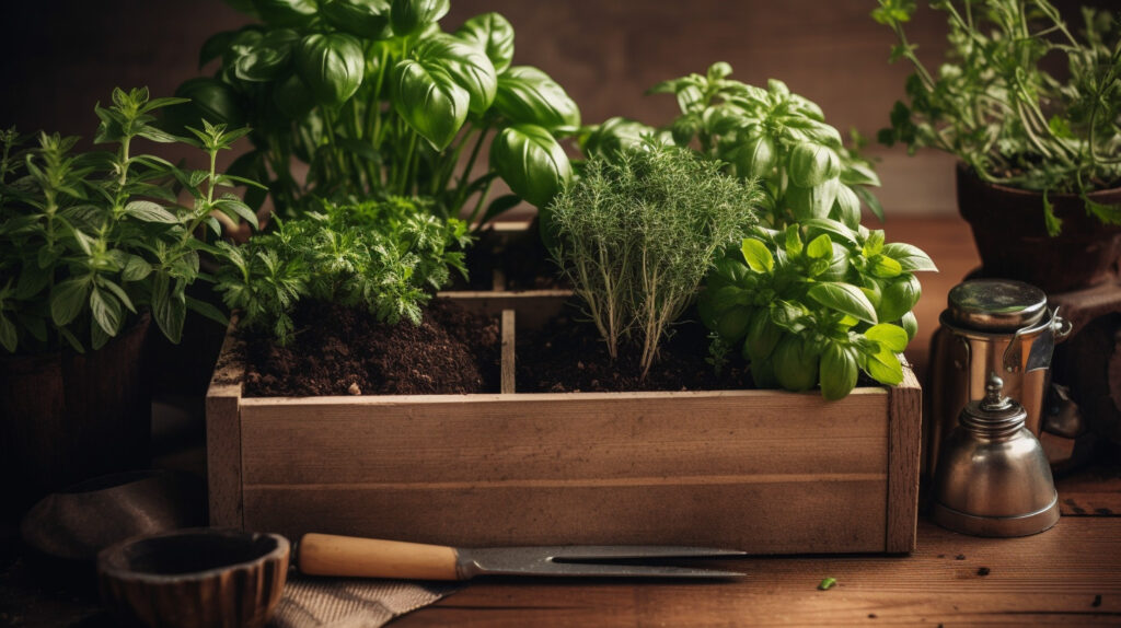 Create an image of a compact herb garden kit with various herbs growing
