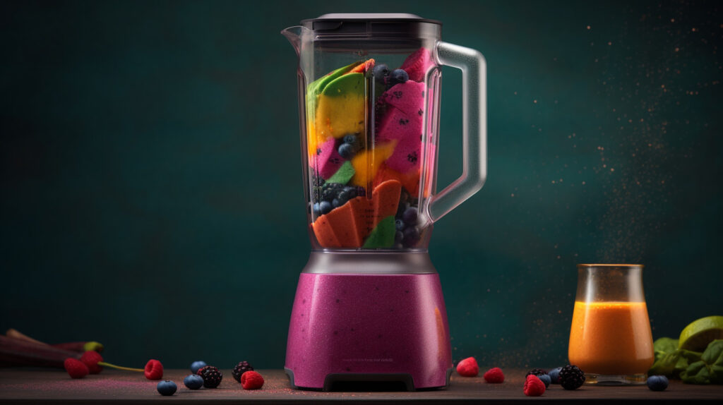 High-powered blender making a colorful smoothie