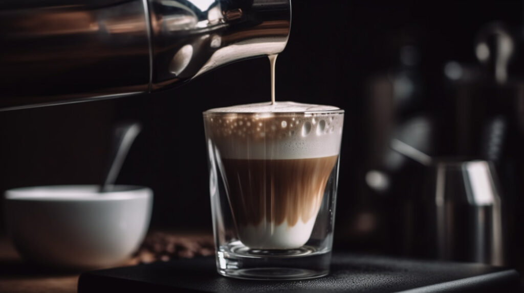 Create an image of an automatic milk frother frothing milk for a latte