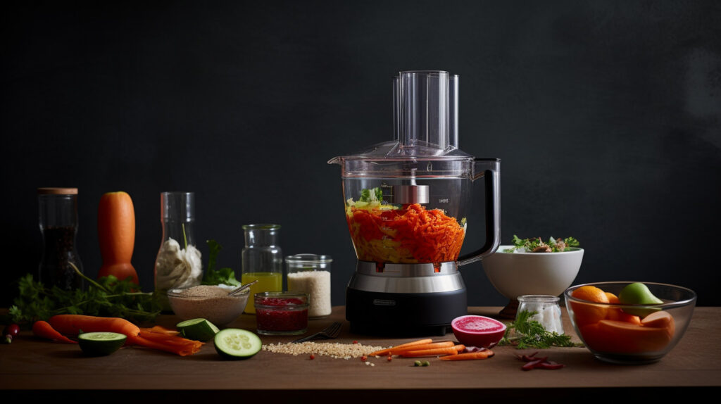 Create an image showcasing a versatile food processor with different attachments