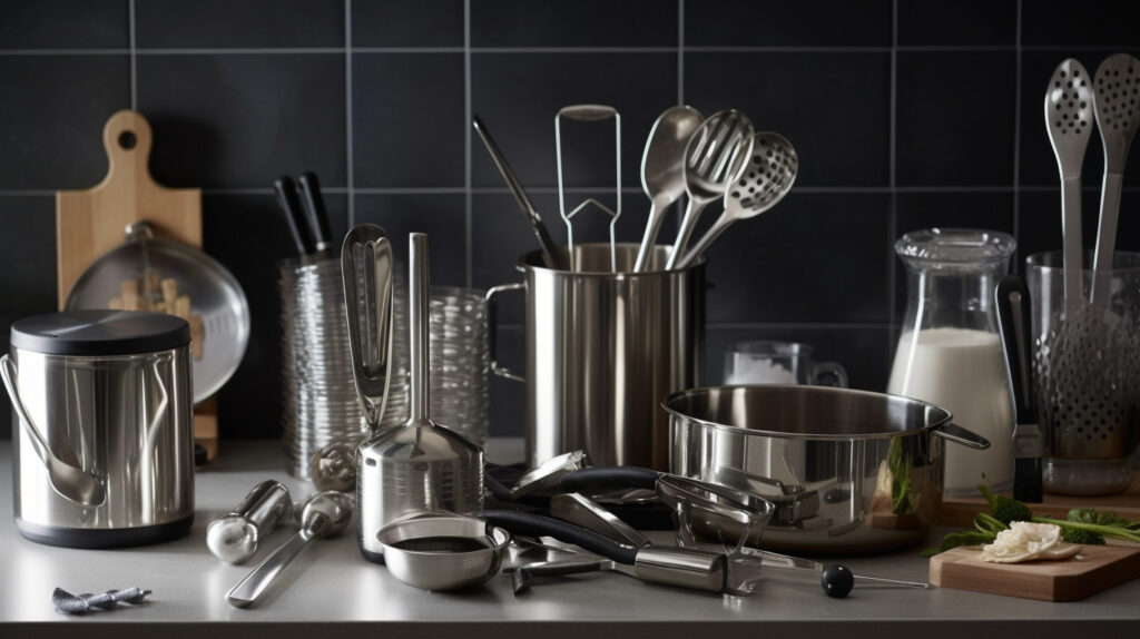 Create an image showing the proper cleaning and storage of various kitchen gadgets