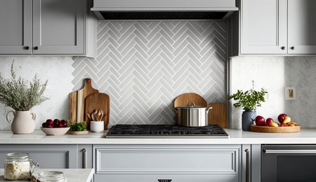 Design creativi per il rivestimento di una cucina bianca e grigia, con piastrelle subway, piastrelle mosaico e motivi a spina di pesce
