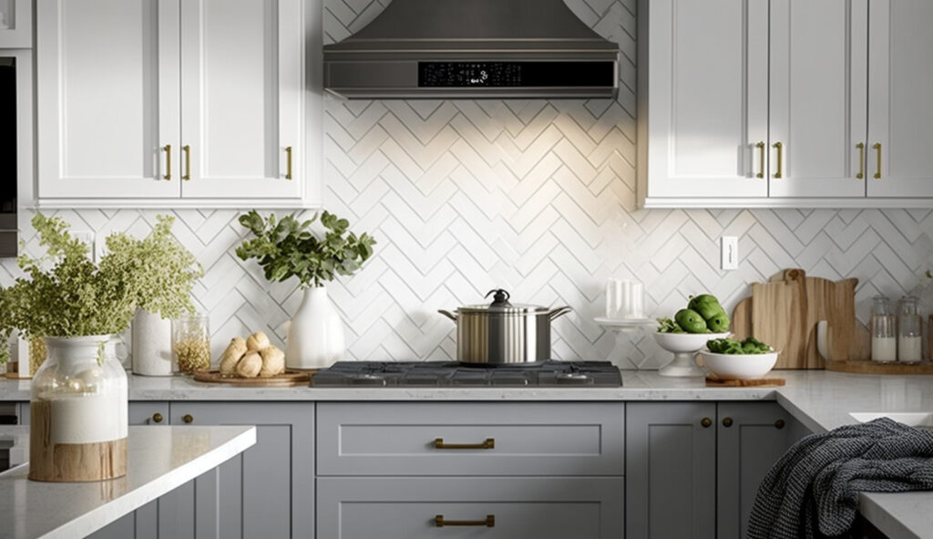 Design creativi per il rivestimento di una cucina bianca e grigia, con piastrelle subway, piastrelle mosaico e motivi a spina di pesce